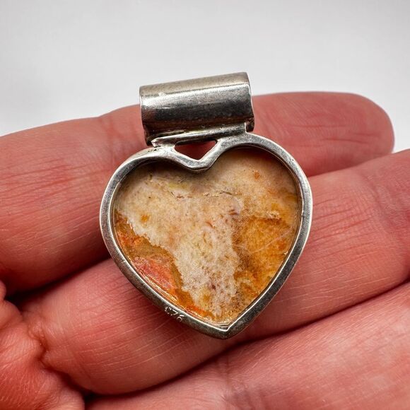 Heart shaped coral jasper and spessartite garnet in solid 925 pendant/slide! - Picture 11 of 11